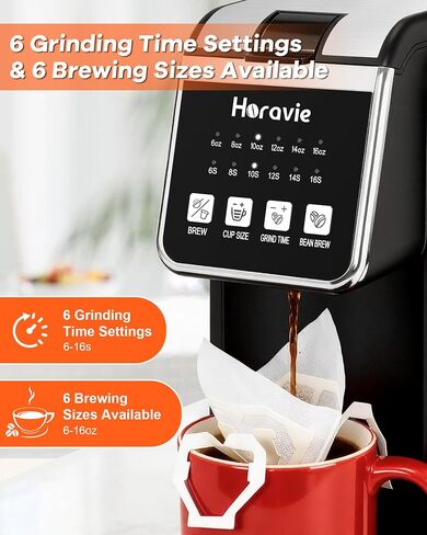 Horavie Single Serve Coffee Maker with Built-in Grinder, Fast Brew 6-16oz Single Cup for Whole Beans, Grounds, K Pod, Grind and Brew Coffee Maker with 47oz Water Tank, Descaling Alert, Black in Saudi Arabia