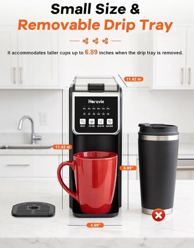 Horavie Single Serve Coffee Maker with Built-in Grinder, Fast Brew 6-16oz Single Cup for Whole Beans, Grounds, K Pod, Grind and Brew Coffee Maker with 47oz Water Tank, Descaling Alert, Black in Saudi Arabia