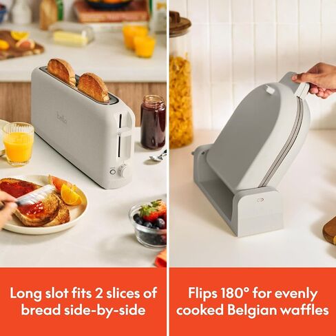 BELLA 2 slice Slim toaster + Flip-n-Store Ceramic Waffle Maker, Fits-anywhere™ Kitchenware, Waffle Iron w with EverGood™ Ceramic Nonstick Coating & Smart Toaster w 6 Shades Control, Oatmilk in Saudi Arabia