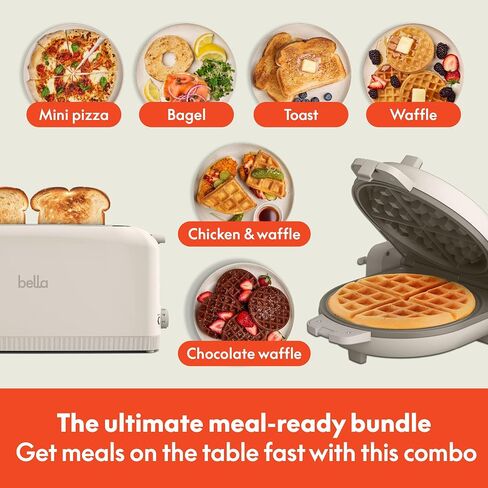 BELLA 2 slice Slim toaster + Flip-n-Store Ceramic Waffle Maker, Fits-anywhere™ Kitchenware, Waffle Iron w with EverGood™ Ceramic Nonstick Coating & Smart Toaster w 6 Shades Control, Oatmilk in Saudi Arabia
