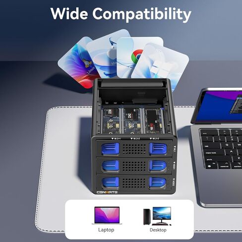 Hybrid 2*2.5/3.5 بوصة SATA HDD/SSD (يدعم RAID 1/0/JBOD/NORMAL)+3* M / B+M Key M.2 NVMe مع مروحة، USB A/C 3.2 Gen 2، حاوية محرك الأقراص الصلبة تدعم 68 تيرابايت (2*22 تيرابايت HDD+3*8 تيرابايت 2230/42/60/80/110 SSD) in Kuwait