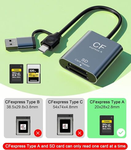 قارئ بطاقات SD وCFexpress من النوع A - قراءة 900 ميجابايت/ثانية وكتابة 800 ميجابايت/ثانية، قارئ بطاقات عالي السرعة USB-C 3.2 Gen 2 10 جيجابت في الثانية، سبائك الألومنيوم ومنفذ USB-A وUSB-C مزدوج لأجهزة iPhone وAndroid وiPad والكمبيوتر المحمول والكمبيوتر ا in Kuwait