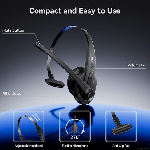 Wireless Headset with Mic for Work, Bluetooth Headset with Microphone AI Noise Cancelling & Mute Button, Lightweight Comfortable Computer Headset with Microphone for PC/Office/Call Center/ Teams/Zoom in Saudi Arabia