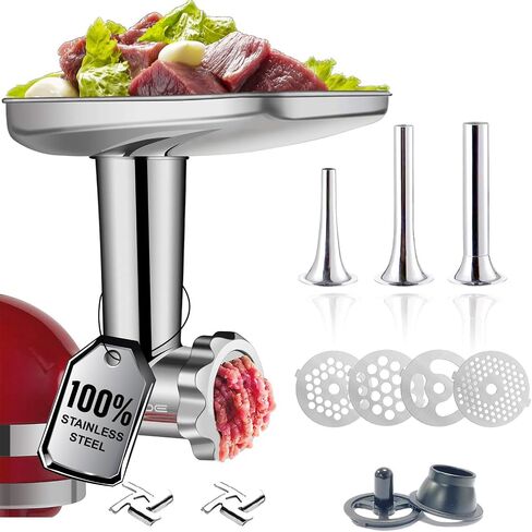 GVODE Stainless Steel Meat Grinder Attachment for KitchenAid Stand Mixer, Meat Grinder for KitchenAid Includes 4 Grinding Plates & 3 Sausage Tubes, Dishwasher-Safe Design with Sausage Stuffer Kit in Kuwait