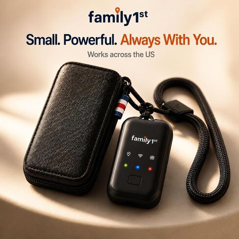 Family1st - Compact GPS Tracker for Elderly, Adults, Special Needs | Portable | Real-Time Updates | Long-Lasting Battery | Pouch and Lanyard Included. Subscription Required in Saudi Arabia