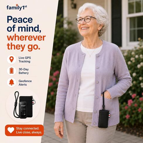 Family1st - Compact GPS Tracker for Elderly, Adults, Special Needs | Portable | Real-Time Updates | Long-Lasting Battery | Pouch and Lanyard Included. Subscription Required in Saudi Arabia