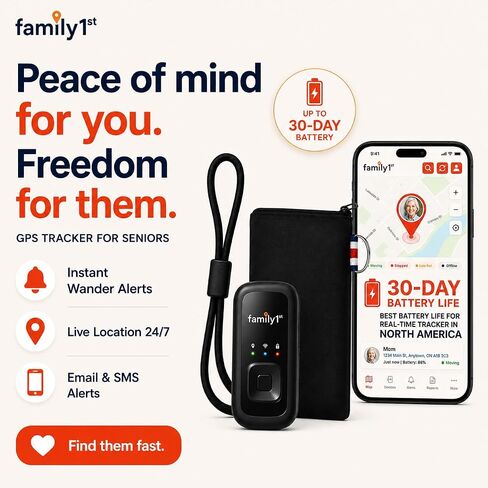 Family1st - Compact GPS Tracker for Elderly, Adults, Special Needs | Portable | Real-Time Updates | Long-Lasting Battery | Pouch and Lanyard Included. Subscription Required in Saudi Arabia