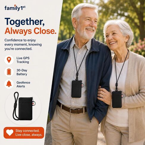 Family1st - Compact GPS Tracker for Elderly, Adults, Special Needs | Portable | Real-Time Updates | Long-Lasting Battery | Pouch and Lanyard Included. Subscription Required in Saudi Arabia