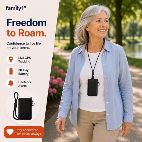 Family1st - Compact GPS Tracker for Elderly, Adults, Special Needs | Portable | Real-Time Updates | Long-Lasting Battery | Pouch and Lanyard Included. Subscription Required in Saudi Arabia