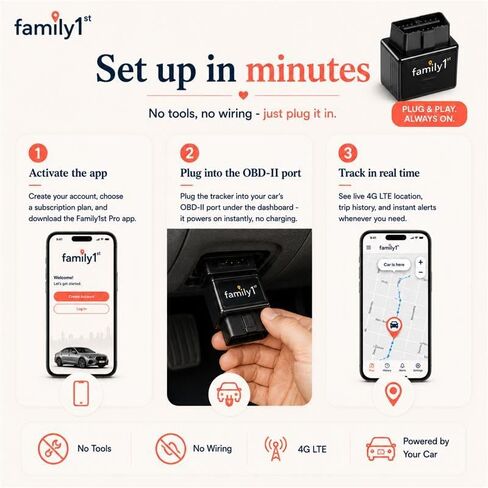 Family1st OBD GPS Tracker for Vehicles, Car Location Tracker Device with Smart Alerts and Instant Car and Driver Safety Monitoring Reports, Trip History, Driving Alert, Geo Fence, Engine Diagnostics in Saudi Arabia