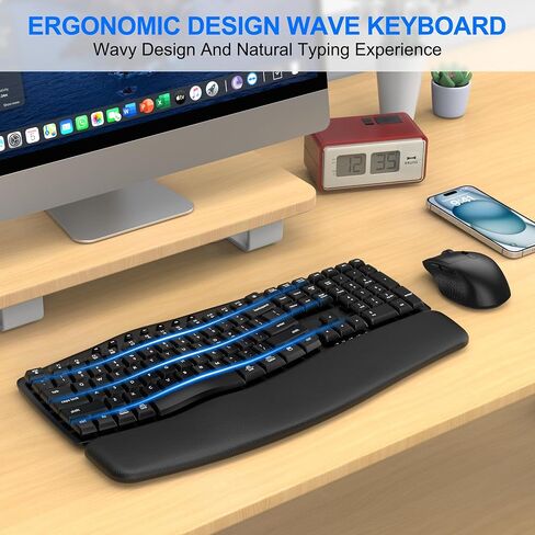 Ergonomic Wireless Keyboard Mouse Combo, EDJO Bluetooth/2.4G Dual-Mode Connection, Soft Foam Wrist Rest, Silent Typing, Waves Key Design and 3-Level DPI Adjustable Wireless Mouse for Windows, Mac OS in Saudi Arabia