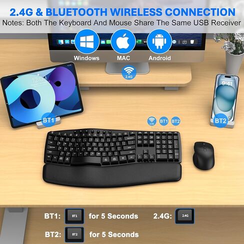 Ergonomic Wireless Keyboard Mouse Combo, EDJO Bluetooth/2.4G Dual-Mode Connection, Soft Foam Wrist Rest, Silent Typing, Waves Key Design and 3-Level DPI Adjustable Wireless Mouse for Windows, Mac OS in Saudi Arabia