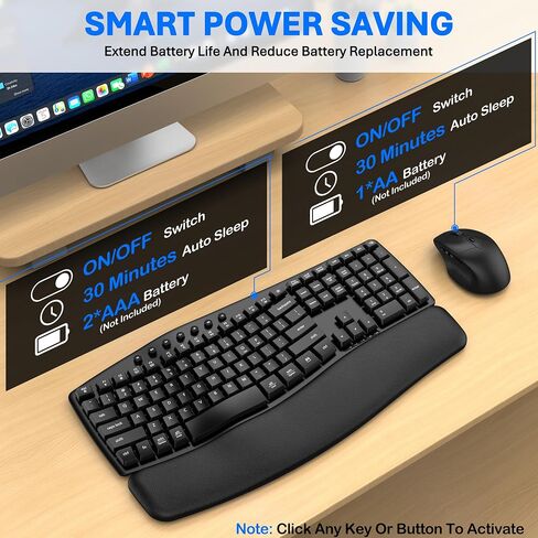 Ergonomic Wireless Keyboard Mouse Combo, EDJO Bluetooth/2.4G Dual-Mode Connection, Soft Foam Wrist Rest, Silent Typing, Waves Key Design and 3-Level DPI Adjustable Wireless Mouse for Windows, Mac OS in Saudi Arabia