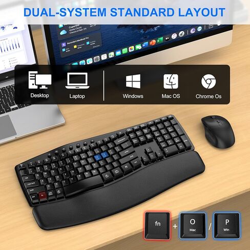 Ergonomic Wireless Keyboard Mouse Combo, EDJO Bluetooth/2.4G Dual-Mode Connection, Soft Foam Wrist Rest, Silent Typing, Waves Key Design and 3-Level DPI Adjustable Wireless Mouse for Windows, Mac OS in Saudi Arabia