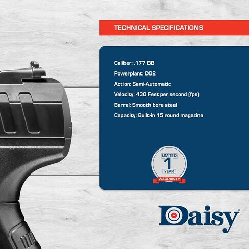 Daisy Powerline 426 Semi-Automatic CO2 BB Pistol - 15 Round Magazine, 430 FPS, Molded Finger Grips, Accessory Rail - Black in Kuwait