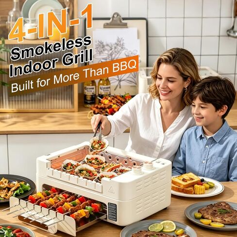 4-in-1 Electric Indoor Grill with Lid and Auto-Rotating Kabob Skewers in Kuwait