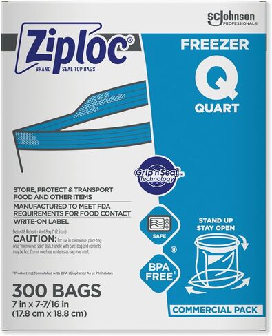 SC Johnson Professional Ziploc Quart Food Storage Freezer Bags, Grip 'n Seal Technology for Easier Grip, Open, and Close, 300 Count in Kuwait