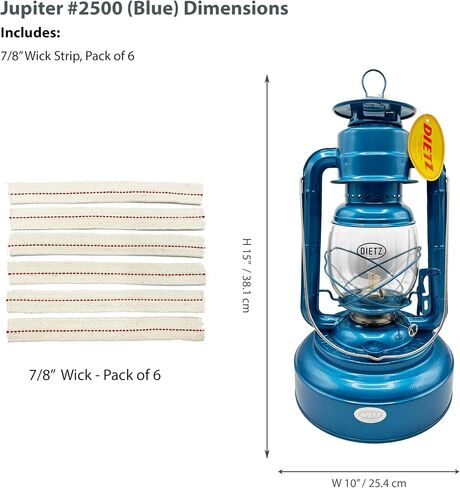 Light of Mine - Dietz #2500 Jupiter Blue Oil Lantern Bundle Including 6-Pack of 100% Cotton 7/8" Replacement Wick Strips (#2500, Blue) in Saudi Arabia