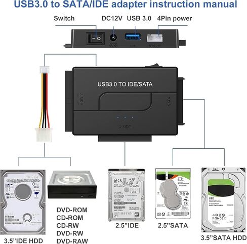 USB 3.0 to SATA IDE Hard Drive Reader, YINNCEEN External Hard Drive Ultra Recovery Converter Universal Hard Drive Adapter Kit for 2.5/3.5 HDD/SSD Hard Drive Disk, Include 12V/2A Power Adapter in Saudi Arabia
