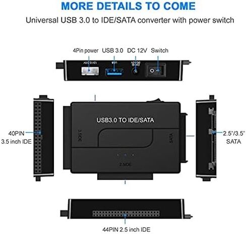 USB 3.0 to SATA IDE Hard Drive Reader, YINNCEEN External Hard Drive Ultra Recovery Converter Universal Hard Drive Adapter Kit for 2.5/3.5 HDD/SSD Hard Drive Disk, Include 12V/2A Power Adapter in Saudi Arabia