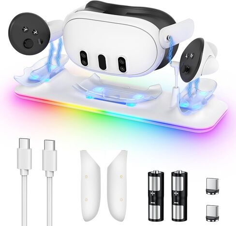 Charging Dock for Meta Quest 3S/3, YUANHOT Fast Charging Station with Color RGB Light for Oculus Quest 3S/3 Accessories, Magnetic Charger Stand for Headset/Controller with 2 Rechargeable Batteries in Saudi Arabia