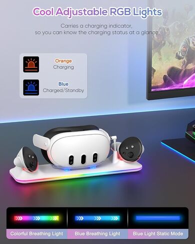 Charging Dock for Meta Quest 3S/3, YUANHOT Fast Charging Station with Color RGB Light for Oculus Quest 3S/3 Accessories, Magnetic Charger Stand for Headset/Controller with 2 Rechargeable Batteries in Saudi Arabia