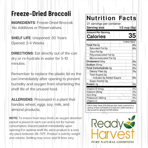 Ready Harvest Freeze Dried Food - Broccoli Florets | Emergency Food | Long-Term Storage | #10 Can | 25-Year Shelf Life | Cans Filled to the Top in Kuwait
