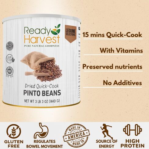 Ready Harvest Emergency Food - Quick-Cook Pinto Beans |Pre-cooked Beans, Just add hot Water | #10 Can | 25-Year Shelf Life | 3 lbs | Cans Filled to the Top in Kuwait