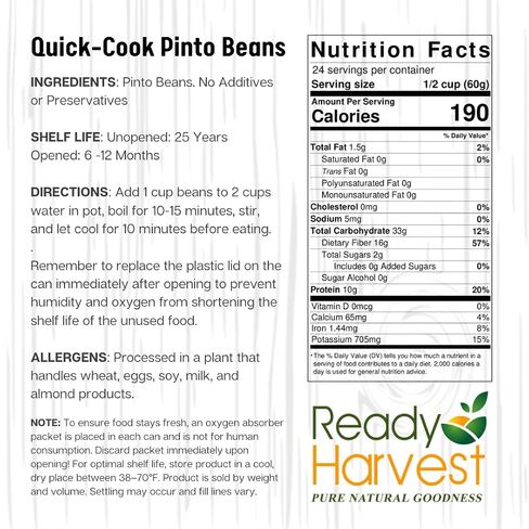 Ready Harvest Emergency Food - Quick-Cook Pinto Beans |Pre-cooked Beans, Just add hot Water | #10 Can | 25-Year Shelf Life | 3 lbs | Cans Filled to the Top in Kuwait
