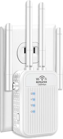WiFi Extender Signal Booster,1200Mbps Dual Band 2.4G & 5G 4 High-Gain Antennas,Covers 15000 Sq.Ft Whole Home Repeater, Gigabit Ethernet,Mesh Compatible,90+ Devices for Gaming & Streaming (White) in Saudi Arabia