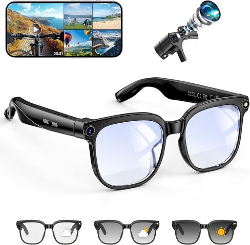 Hwagol Smart Glasses with Camera, 8MP HD Photo and Video Recording,AI Camera Glasses with Real-Time Translation/Object Recognition/AI Voice Q&A/Recording, Calls and Music,Comes with 3 Pairs of Lenses in Saudi Arabia