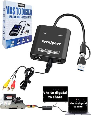 VHS to Digital Converter & RCA to HDMI Adapter USB Video Capture for VCR/DVD/AV/PS2/Wii,av to hdmi to Display Output, wii hdmi Adapter,Save/Convert OldVideo （Software Required for Cap in Saudi Arabia