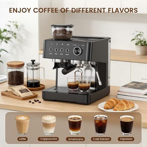 Kismile 20-Bar Espresso Machine with Grinder, Expresso Coffee Machines Coffee Maker with Grinder, Milk Frother/Steam Wand & Tamping Tools for Cappuccino & Latte in Saudi Arabia