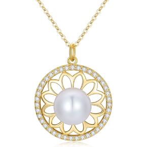 MRENITE Solid 14K Yellow Gold Flower/Leaves Pearl Pendant Necklace for Women/Wife/Mother Freshwater Cultured 8/9mm Pearl Necklace Jewelry Gift for Valentine’s Day/Mother’s Day