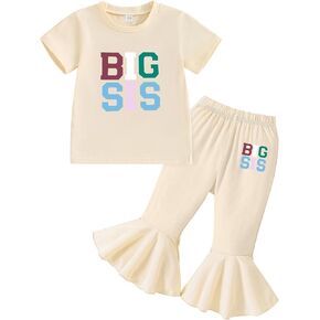 Toddler Baby Girl Sister Matching Outfits - BIG SIS T-Shirt Tops Flared Pants LIL SIS Rompers Summer Clothes Set