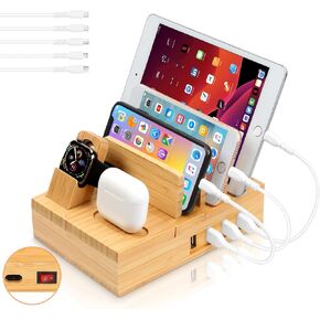 Bamboo Charging Station for Multiple Devices, OthoKing 6 USB Ports Wood Charging Docking Station Organizer for Apple/AirPods/Watch/iPad/Samsung/Android/Tablet, 6 Mixed Cable Included