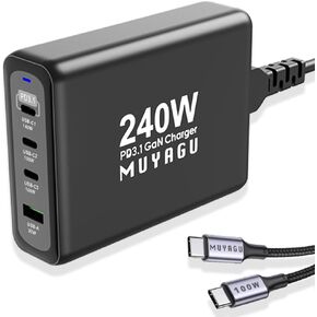 شاحن سريع MUYAGU PTech 240 واط USB C، PD 140 واط + 100 واط GaN محول محطة شحن سريع من النوع C للهاتف المحمول، شاحن سريع للكمبيوتر المحمول مع كابل شحن سريع 100 واط USB C (قابس الولايات المتحدة من النوع B)