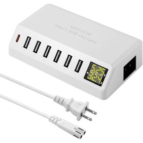 USB Charging Station, 60W/12A 7-Port USB Charger Station with LED Display for Multiple Devices PD20W USB C Charger for All iPad iPhone14/13/12 Pixel Galaxy Tablet Headphones and More (Black)