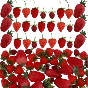 30 PCS Artificial Strawberries Realistic Red Strawberries Fake Lifelike Assorted 4 Sizes Fruit Ornament Faux Centerpieces Props Decoration Home Party Kitchen Cabinet Holiday