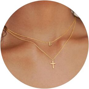 Turandoss Cross Initial Necklace for Women Girls, Dainty Gold Layered Initial Choker Small Tiny Cross Necklaces, Personalized Jewelry Gifts for Women Girls