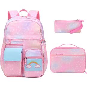 Girls Backpack,Cute Rainbow School Backpack Set for Girl Kid with Lunch Bag Pencil Case, Kawaii Girls Elementary School Bookbag for Teen Girls Children Students