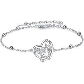 VONALA Music Note Bracelet For Women Sterling Silver Musical Note Heart Charm Bracelet Treble Clef Charm Music Note Jewelry Gift For Music Lover Women Teens Girls