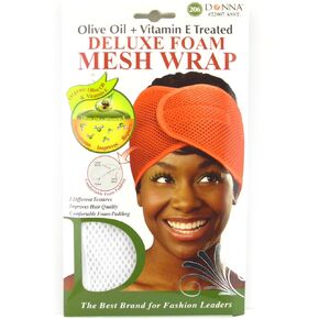 DONNA DELUXE FOAM MESH WRAP OLIVE + VITAMIN E TREATED, Curly Hair Care Essentials Face Wash, Makeup, and Headband for Women, 1PC BLACK COLOR