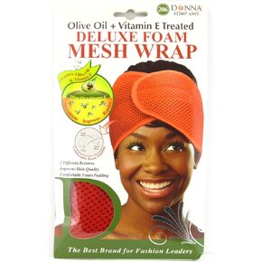 DONNA DELUXE FOAM MESH WRAP OLIVE + VITAMIN E TREATED, Curly Hair Care Essentials Face Wash, Makeup, and Headband for Women, 1PC BLACK COLOR