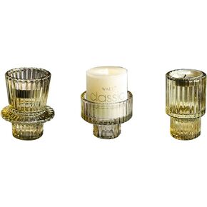 Candle Holders Set of 3, Taper Glass Candlestick Holders, Reversible Candle Holder for Table Centerpieces, Wedding Decor and Dinner Party (Brown)