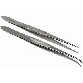 2 Pcs Tweezers Straight + Angled Serrated Tip Multipurpose Sewing Machine Repair Forceps Helps in Embroidery Picking Sorting Plucking thread Made of Stainless Steel and Ridged Handle (4.5 Inch)