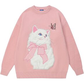 Aelfric Eden Crewneck Sweater Cat Applique Embroidery Sweater Vintage Oversized Sweater