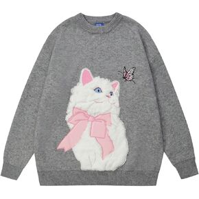Aelfric Eden Crewneck Sweater Cat Applique Embroidery Sweater Vintage Oversized Sweater