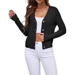 Womens Sweaters Cable Knit Open Front Buttons V Neck Lightweight Cropped Cardigan for Women