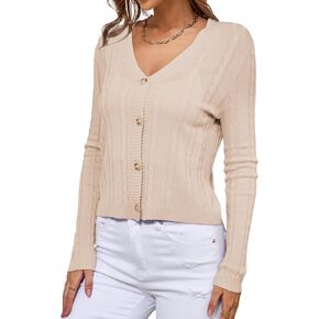 Womens Sweaters Cable Knit Open Front Buttons V Neck Lightweight Cropped Cardigan for Women in Saudi Arabia